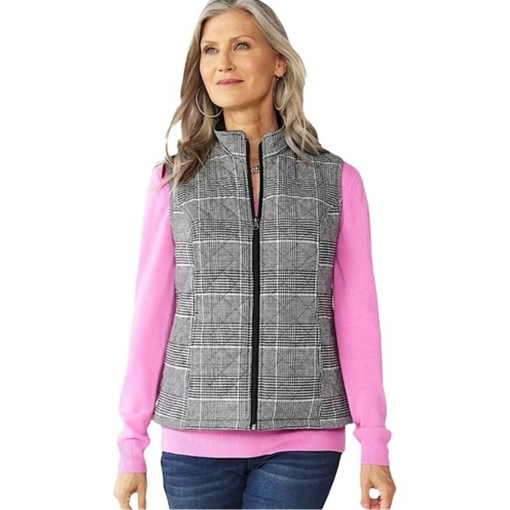 Croft & Barrow, Black and White, Puffer Vest, Large, Cinches at waist